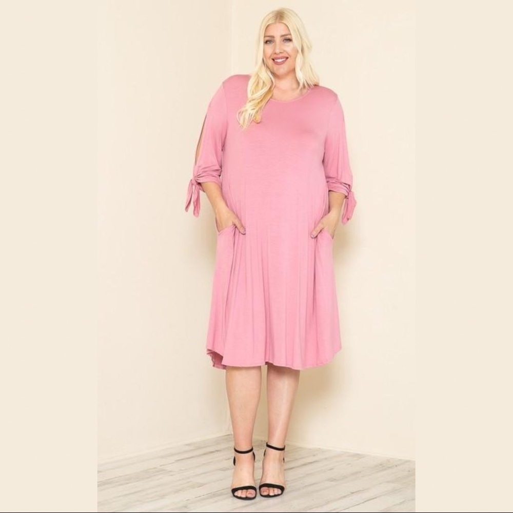 Blush Pink Plus Size Swing Midi Dress with Tie Sleeve